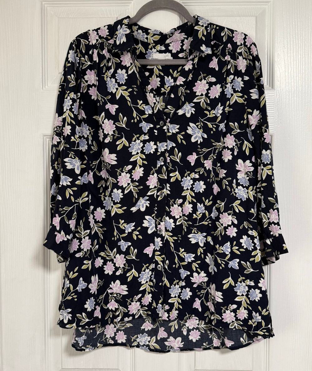 J.Jill Women's Navy Rayon Floral Button Front Top Size Large